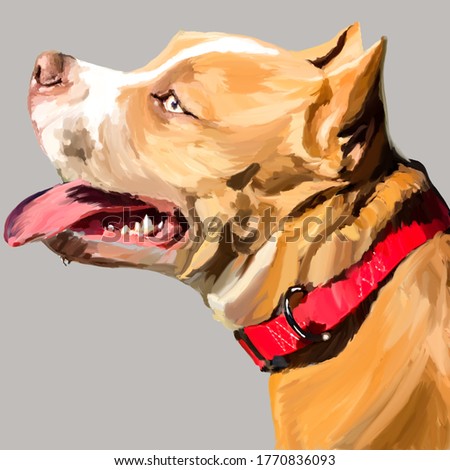 drawing of an American bull breed dog of bright red color with clever devoted eyes and a kind smile