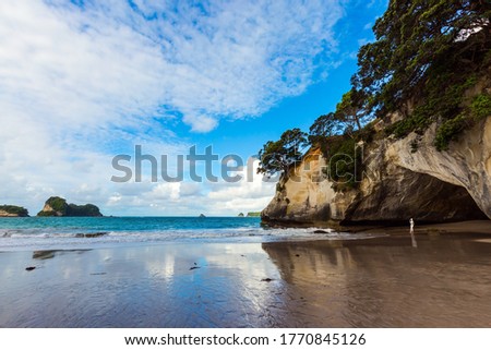 Woman tourist taking pictures of beach. Ocean tide in the Cathedral Cove. Mirror reflections of clouds in wet sand. Travel to New Zealand. The concept of exotic, ecological and photo tourism
