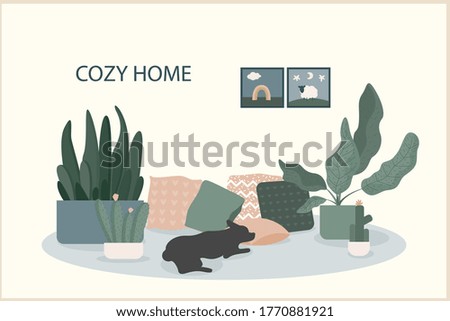Cozy home theme handmade illustration.Simple room interior for use in design for home  decorative prints, flower shop decor, wallpaper, bag or t-shirt print, art workshop  etc.