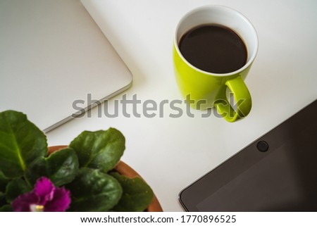 Flat lay composition with laptop and tablet on white background. Home office