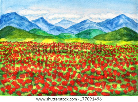 Hand painted picture, landscape with meadow of red poppies and hills, landscape - watercolours, flowers - acrylic.