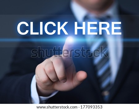 business, technology, internet and networking concept - businessman pressing click here button on virtual screens