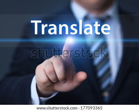 business, technology, internet and networking concept - businessman pressing translate button on virtual screens