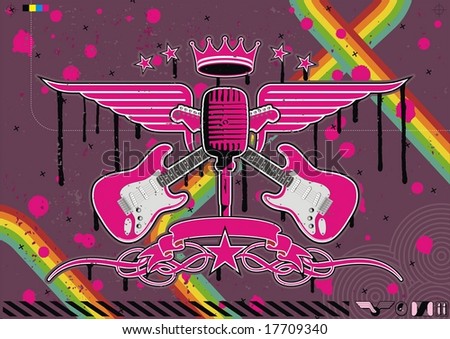 Microphone, guitar and wing motif in pink.