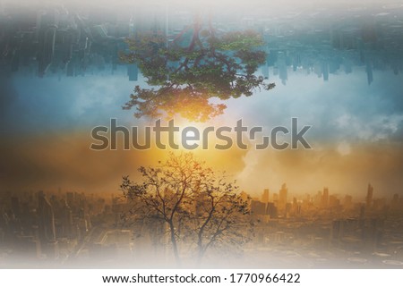 Concept changes in natural environment and climate of the world and global warming, trees that grow and are dry abstract upside down cityscape with sky background,and variable weather conditions Royalty-Free Stock Photo #1770966422