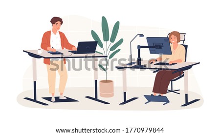 People working at modern ergonomic workplace vector flat illustration. Man and woman employees sitting and standing behind innovative furniture isolated on white. Contemporary workspace interior Royalty-Free Stock Photo #1770979844