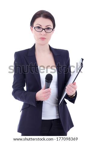 portrait of female reporter with microphone and clipboard isolated on white background