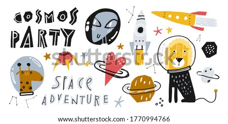 Сute set of space elements. Spaceship and planets vector illustration for kids. Isolated design elements for children.