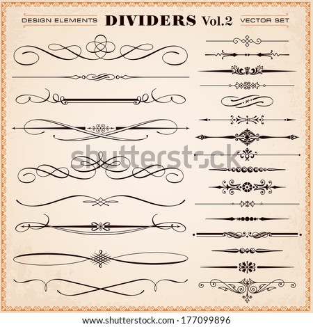 Set of vector vintage calligraphic design elements and page decoration, dividers and dashes