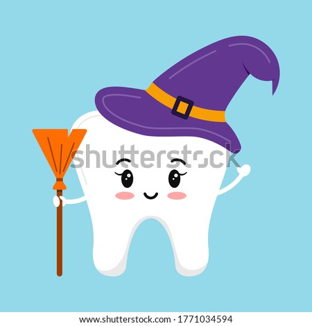 Witch tooth with purple magic hat and broom isolated vector icon. Cute tooth in Halloween carnival costume- dental character for dentist halloween card. Flat design cartoon style illustration.  