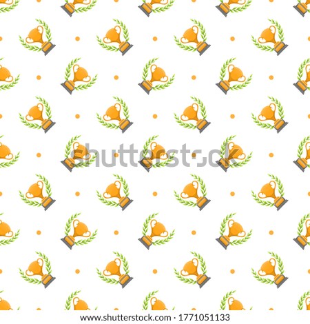 Golden award or trophy with green leaves wreath. Isolated on white background, seamless pattern.