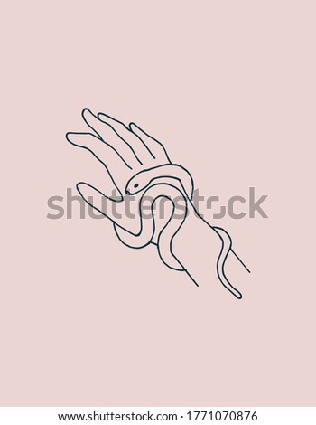
line vector illustration. Female hand with a snake isolated on a pink background. a symbol of magic, esotericism, mysticism, witchcraft. logo of cosmetics, medicines with snake venom