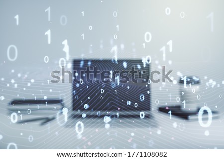 Creative abstract binary code hologram on modern computer background, AI and machine learning concept. Multiexposure