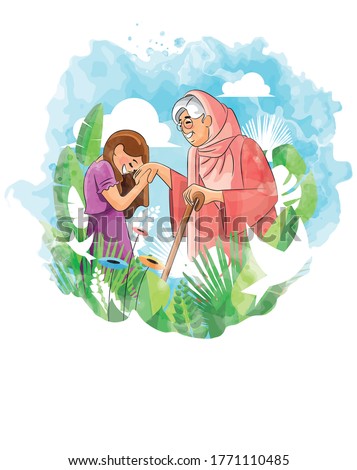 A vector illustration of little girl kissing her grandmother's hand