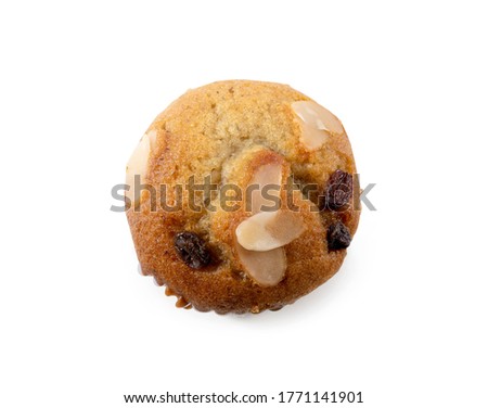 Banana cupcake , raisin and almond topping, very yummy and delicious. banana cupcake isolated on white background with clipping path, top view.