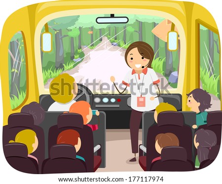 Illustration of Kids on a Tour Bus Listening to Their Tour Guide