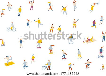 Fat Vector background people. Outdoor activity, healthy lifestyle- bicycle, yoga, skate, rollers, fitness, jogging, scooter, tennis, badminton, unicycle. 