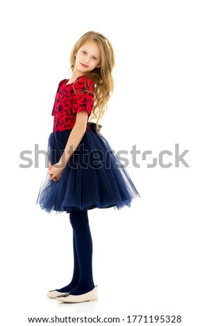 Side View of Cute Pretty Girl Wearing Nice Dress with Blue Tulle