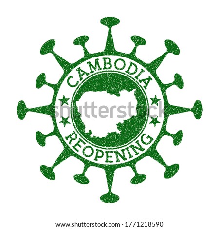 Cambodia Reopening Stamp. Green round badge of country with map of Cambodia. Country opening after lockdown. Vector illustration.