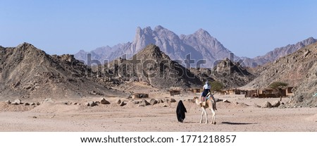 Riding a DROMEDARY in the Sahara desert. Entertainment for tourists. The work of Bedouins in the tourism sector. Egyptian show for simpletons. Royalty-Free Stock Photo #1771218857
