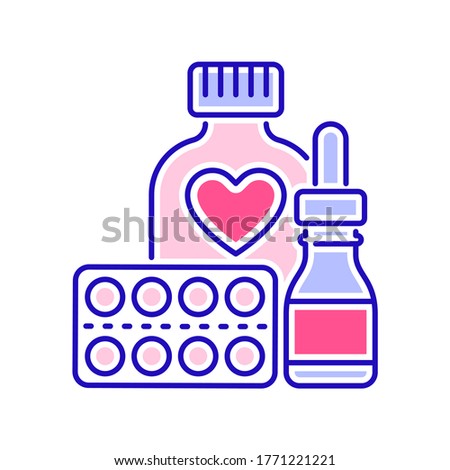 Pill bottle drops and blister color icon. Pharmaceutical product. Health care symbol. Pictogram for web page, mobile app, promo. 