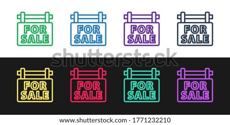 Set line Hanging sign with text For Sale icon isolated on black and white background. Signboard with text For Sale. Vector