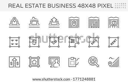 Real estate business vector icon. Include house, residential building. Land plot, land lot, map, boundary, pin, location and area for navigation. Tract of land for owned, sale, rent, buy, development. Royalty-Free Stock Photo #1771248881