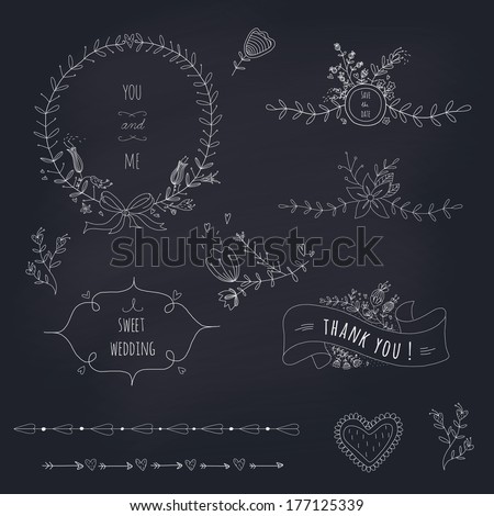 Hand drawn set of wedding wreath, ribbons and flowers on a blackboard. EPS 10. Transparency. No gradients.