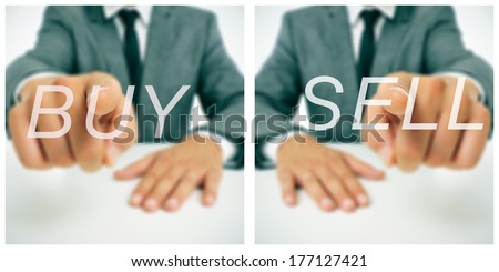 pictures of a businessman sitting in a desk pointing the words buy and sell written in the foreground