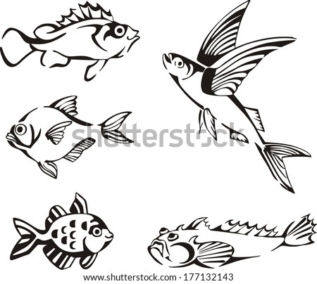 Black and white fishes. Set of black and white vector illustrations.