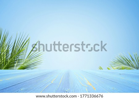 Fresh green leaves coconut nature on empty blue wooden table background for product display template