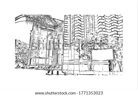 Building view with landmark of Petropolis also known as The Imperial City, is a municipality in the Southeast Region of Brazil.  Hand drawn sketch illustration in vector.