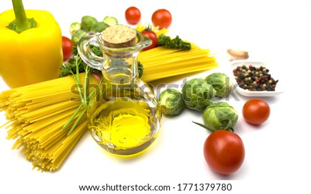 Italian food. Italian pasta with tomatoes and herbs. Italian food food ingredients. Isolate copyspace