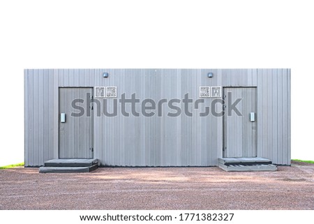 public toilet building isolated on white background. Front view of modern restroom. Facade of outdoor lavatory with men women WC sign. Design template