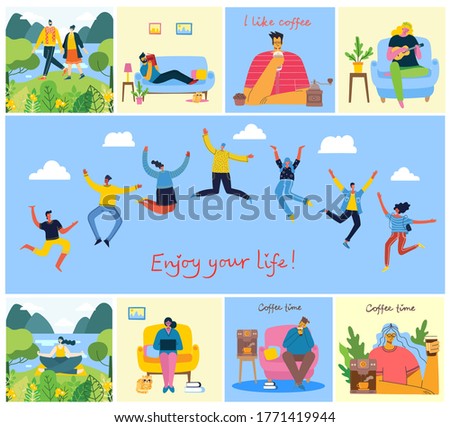 Enjoy your life. Concept of young people jumping on blue background and enjoing the coffee, playing guitar, doing yoga and spending time in the park in the flat design