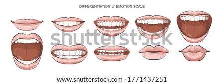 Set of Red Womens lips. Positive, negative different feelings emotions. Kiss, happy, smiling, scream, anger, discontent human expression collection. Mouth with teeth, tongue. Vector