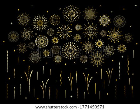 Abstract burst gold pattern fireworks set. Art deco star shaped firework pattern collection isolated on black background with rays and trails. Birthday party or carnival festive decoration, Royalty-Free Stock Photo #1771450571