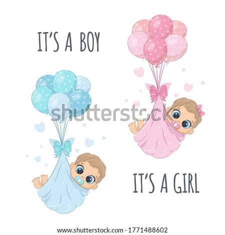Cute babies in diapers on the balloons with phrase "It's a boy" and "It's a girl" Royalty-Free Stock Photo #1771488602