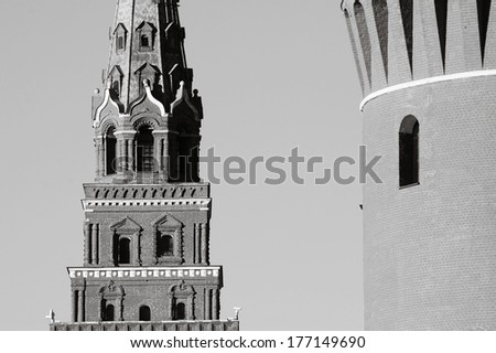 Moscow Kremlin tower, UNESCO World Heritage Site. Black and white photo.