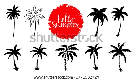 Palm tree black silhouette, line. Icon, logo. Sketch hand drawn isolated on white background set. Paint circle. Handwriting font Hello Summer