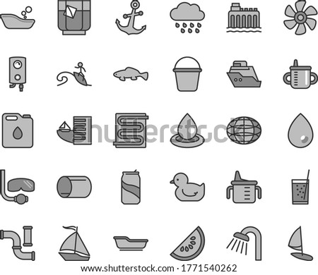 Thin line gray tint vector icon set - mug for feeding vector, measuring cup, baby duckling, children's bathroom, bath, rainy cloud, bucket, shower, heating coil, boiler, drop, anchor, small fish