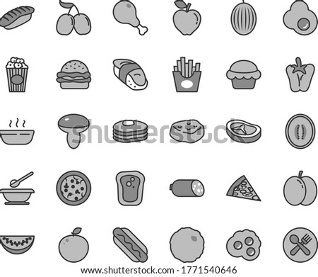 Thin line gray tint vector icon set - plates and spoons vector, sausage, pizza, piece of, Hot Dog, burger, mushroom, cake, porridge, chicken leg, bacon, cabbage, meat, peper, French fries, sushi