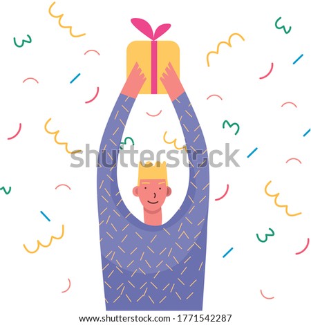 Celebration Concept. Happy Smiling boy with  Gift Boxes. Element postcards. 
Cartoon  Flat Style Vector Illustration