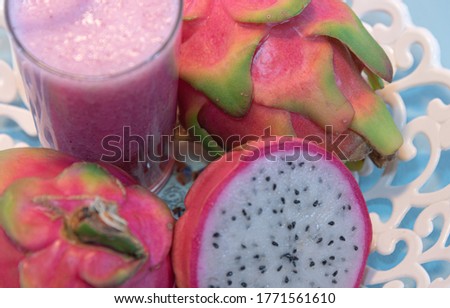 Pitaya fruits and juice. From the botanical family Cactaceae, Pitaya belongs to the genus Hylocereus. It is a perennial plant, growing commonly on trees or rocks.
