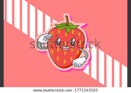 SMILING, HAPPY, cheerful Face Emotion. Salute Hand Gesture. Red Strawberry Fruit Cartoon Drawing Mascot Illustration. Royalty-Free Stock Photo #1771563503