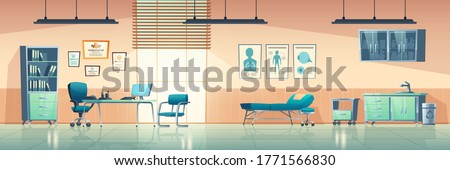 Medical office interior, empty clinic room with doctor stuff, hospital with couch, chair and washbasin, locker for medicine, table, computer and medical aid banners on wall cartoon vector illustration Royalty-Free Stock Photo #1771566830