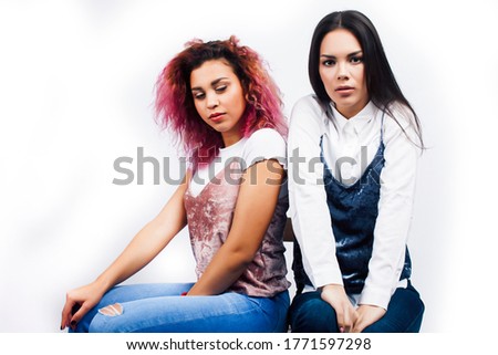 best friends teenage girls together having fun, posing emotional, two diverse nations students: african american and asian