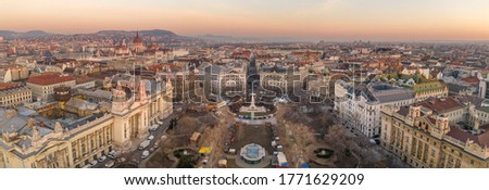 Aerial drone shot of Liberty Square Budapest downtown during sunset hour in winter time