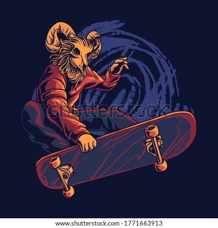 Skateboarding Goat Skull Illustration Vector
