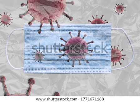 Medical corona virus mask behind plastic film with corona virus on and around it